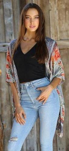 Angie [] Dove Gray Floral Print Flowy Open Front Kimono Cover-Up Boho Top Large L