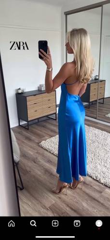 ZARA Dress Cobalt Blue Slip Midi Satin Effect Maxi Wedding Party