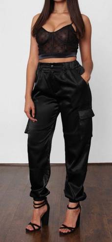 Tic Toc Satin Cargo Joggers High waist Pockets Black Small