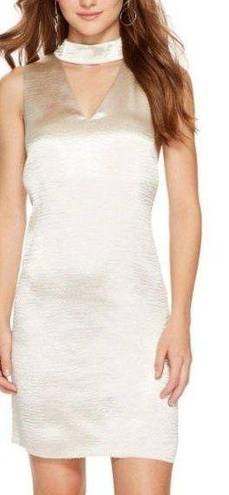 Kensie  Crinkled Satin Gigi Neckline Dress Beige