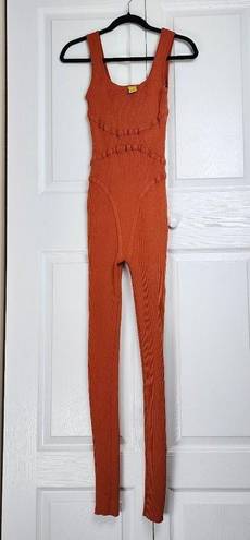 Daisy  Orange Ribbed Stretchy Fitted Jumpsuit Bodysuit Catsuit Tank Scoop Neck M