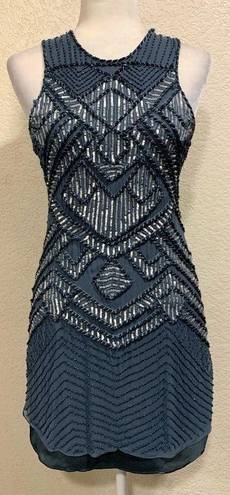 Parker NY Allegra Silk Beaded Sequin Blue Dress