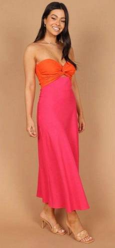 Petal and Pup  Rosetta Fuchsia & Orange Colorblock Strapless Cut Out Midi Dress 0