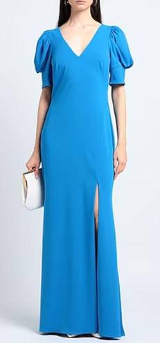 Badgley Mischka  Odessa Split Front Crepe Gown V-Neck Puff Sleeves Blue Size 0