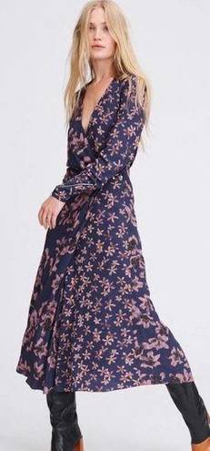 Rag and Bone  Odette V Neck Long Sleeve Blue Floral Wrap Midi Dress US 2