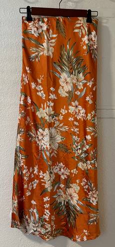 Impressions Satin Orange Floral Print Midi Skirt