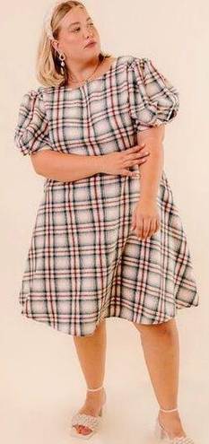 Krass&co Ivy City  Molly Plaid Flare Dress 1X Puff Sleeves Knee Length Plus Size