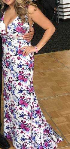 Ellie Wilde White, Magenta, Blue Floral Prom Dress