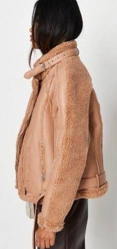 Missguided  Premium Brown Tan Borg Teddy Faux Leather Belted Aviator Jacket 14 XL