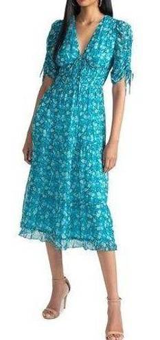 Shoshanna NWT  Danli Floral Chiffon blue midi dress with gold. Size 10