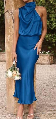 Dark Teal Silk High Neck MIDI Dress Blue