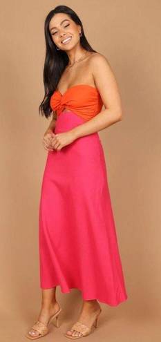 Petal and Pup  Rosetta Fuchsia & Orange Colorblock Strapless Cut Out Midi Dress 0