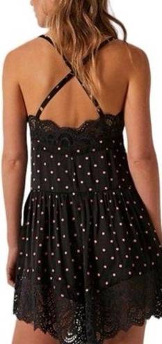 Free People INTIMATELY  black pink polka dot mini lace dress slip M