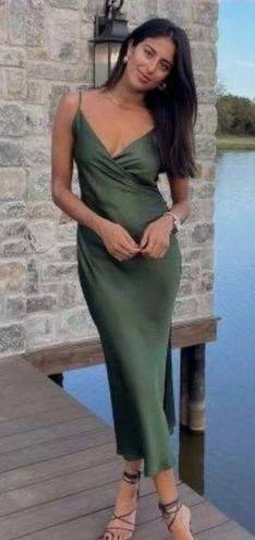 ZARA Draped Lingerie Style Emerald Forest Green Midi Dress 