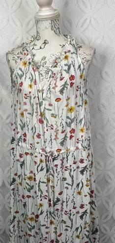 Well Worn  Countryside Floral Linen V-neck Ruffle Tie Waist Maxi Dress Size S