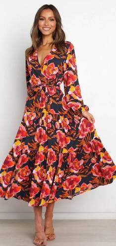 Petal and Pup  Balsa Floral Tiered Long Sleeve Belted Maxi Dress Navy Blue