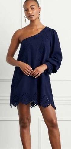 Hill House NWT  Mila Dress One Shoulder Navy Linen Blue Eyelet Sz S