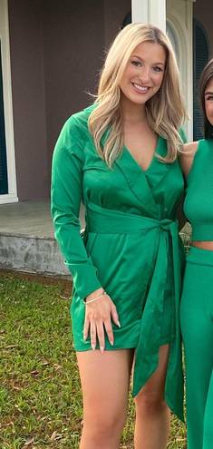 In The Style tie front satin blazer dress in emerald green