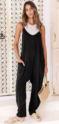 NEW Loose Jumpsuit V Neck Harem Long Pants Pockets 2X Black Size XXL