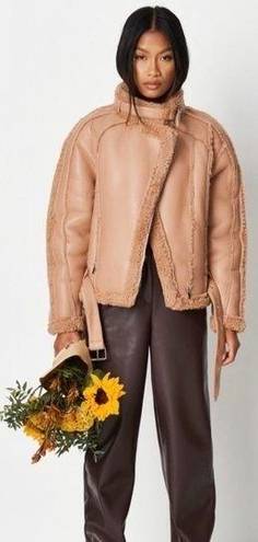 Missguided  Premium Brown Tan Borg Teddy Faux Leather Belted Aviator Jacket 14 XL