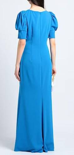 Badgley Mischka  Odessa Split Front Crepe Gown V-Neck Puff Sleeves Blue Size 0