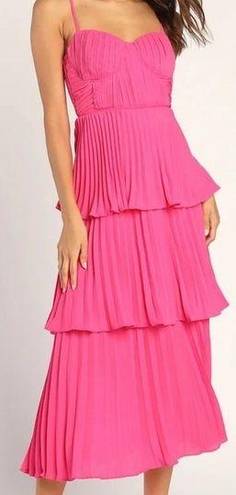 Lulus NWOT  Cascading Crush Hot Pink Tiered Bustier Midi Dress