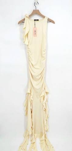 Micas NEW  Ruffled Hem Slit Maxi Dress Stretch Bodycon in Cream Small