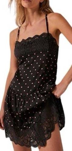 Free People INTIMATELY  black pink polka dot mini lace dress slip M