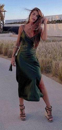 ZARA Draped Lingerie Style Emerald Forest Green Midi Dress 