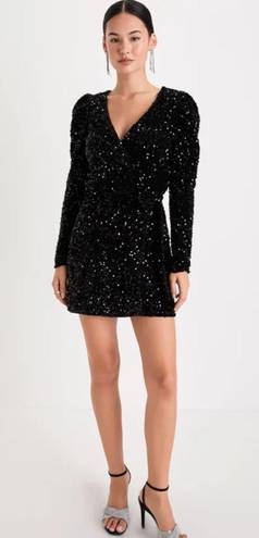 Lulus Glowing Muse Black Sequin Velvet Long Sleeve Wrap Mini Dress