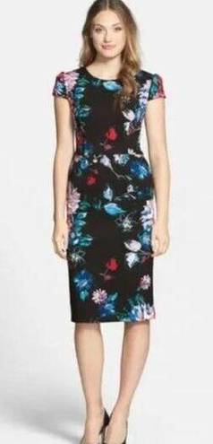 Betsey Johnson  Black Floral Knee Length, Cap Sleeve Slim Fitting Dress Size 8