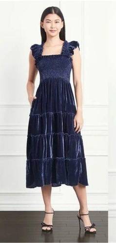 Hill House Size S The Ellie Nap Dress Navy Velvet Midi Tiered Smocked Bodice NEW