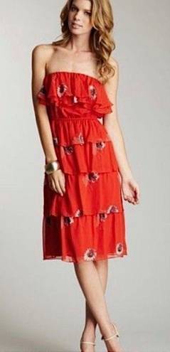 Rebecca Taylor Red Floral Silk Strapless Tiered Dress Size 2