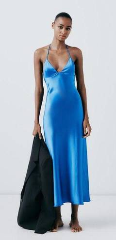 ZARA Dress Cobalt Blue Slip Midi Satin Effect Maxi Wedding Party