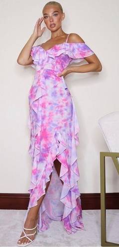 Pretty Little Thing Pink Tie Dye Cold Shoulder Ruffle Detail Maxi Dress 12 Large