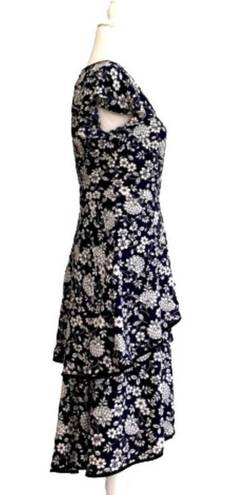 Adrianna Papell  Dress Ditsy Navy Ivory Petunia Tiered Cap Sleeve Dress Size 4