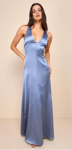 Lulus Pure Elegant Slate Blue Satin Twist Back Maxi Dress