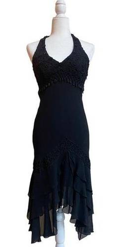 Sue Wong  Black Silk Beaded Cocktail Women 6 Halter Neckline Chiffon Lined Midi