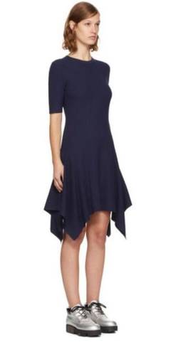 Opening Ceremony Eclipse Delta Marine Navy Short Sleeve Rib Knit Handkerchief Hem Dress $375 EUC S