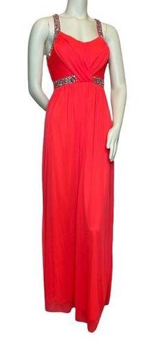 City Triangles ‎ Prom Dress Bright Coral Grecian Formal Gown Beaded Cross Sequins