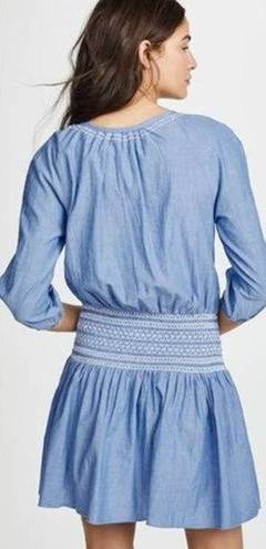 Shoshanna  Womens size Large Chambray Smocked Waist Boho Blue Embroidered Dress