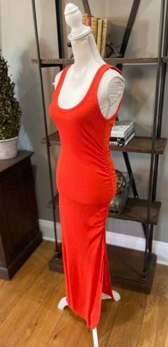 The Range  Alloy Rib Cinched Bodycon Midi Dress Fuego Red Orange Womens Medium