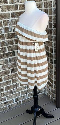 Xxi Off Shoulder Mini Dress Taupe Beige Stripe Knit Coverup Womens Small