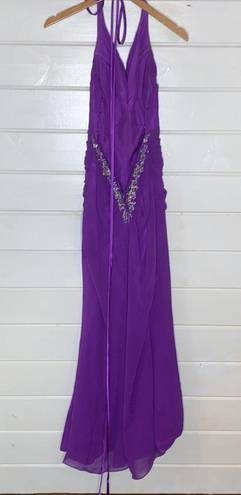 Night Moves  purple jeweled lace up back prom dress