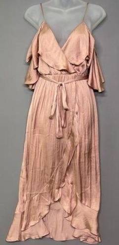 Bardot  Dress Womens 6 Bea Cold-Shoulder Ruffle Wrap Biscotti Dusty Pink Satin