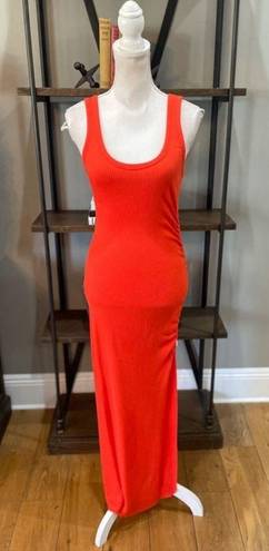 The Range  Alloy Rib Cinched Bodycon Midi Dress Fuego Red Orange Womens Medium