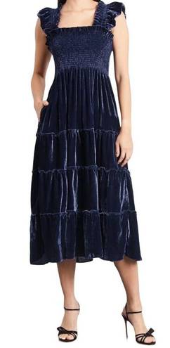 Hill House  Ellie Nap Dress Velvet Midi Smocked Bodice Tiered Navy NEW Womens XS