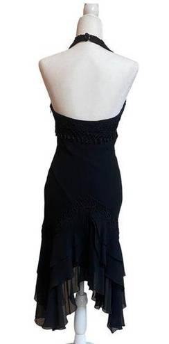 Sue Wong  Black Silk Beaded Cocktail Women 6 Halter Neckline Chiffon Lined Midi