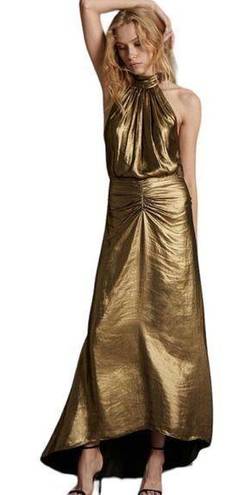 Halston Heritage  Women’s Gold Ruched High Neck Gown Size 2