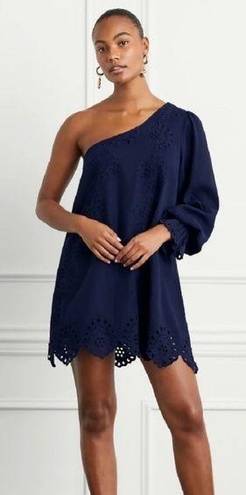 Hill House NWT  The Mila Dress One-Shoulder Eyelet in Navy Linen sz S